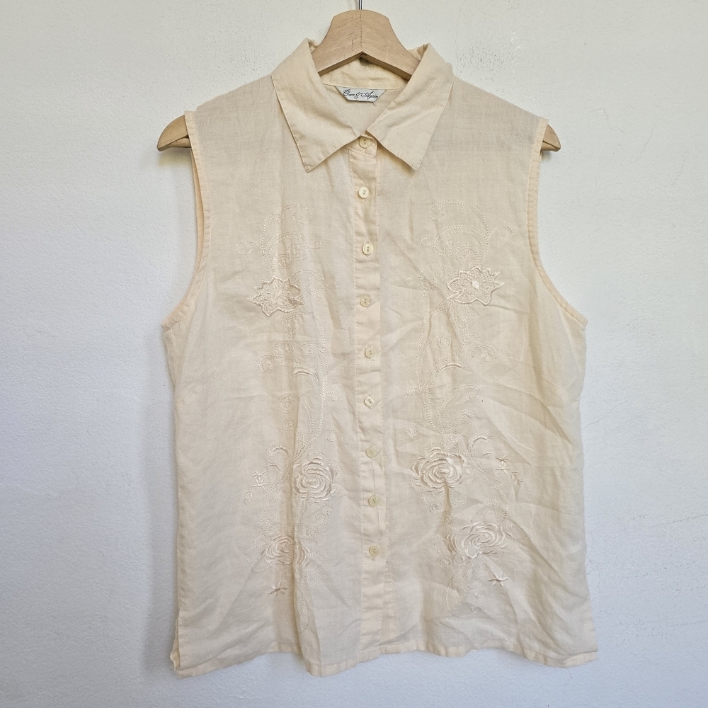 Once & Again 100% Linen Sleeveless Embroidered Button Down Cream Blouse XL - Picture 6 of 15